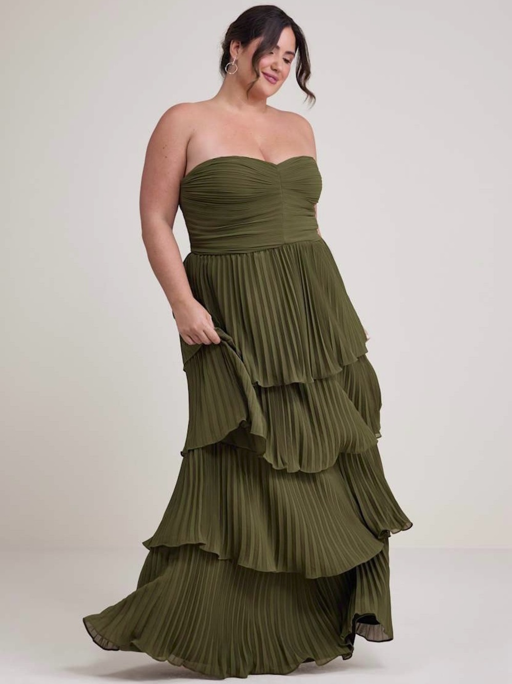LULUS Olive Pleated Chiffon Sweetheart Neck Y2K Princesscore Tier Ruffle Dress L